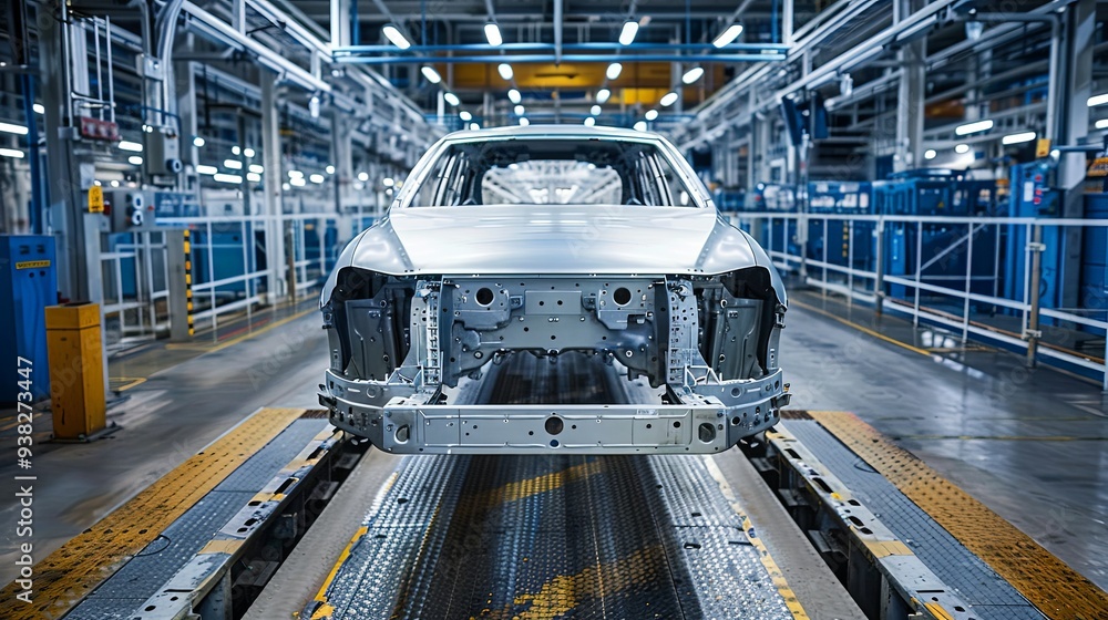 Front view of an unfinished car frame captured in an automotive factory, highlighting the use of technology and machinery in the car manufacturing process. Front view of an unfinished car frame captured in an automotive factory, highlighting the use of technology and machinery in the car manufacturing process.