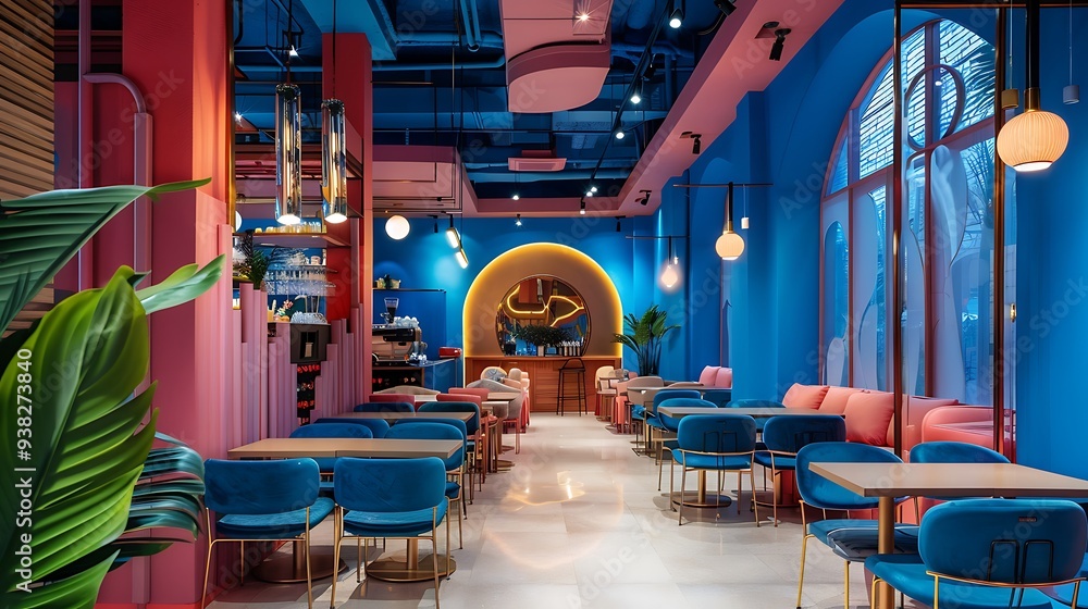 Fototapeta premium A stylish modern cafe featuring bold blue and pink walls, with sleek furnishings and ambient lighting, offering a chic and trendy dining experience