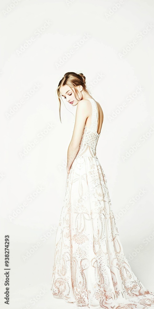 Elegant Woman in Lace Wedding Dress with Downcast Eyes Elegant Woman in Lace Wedding Dress with Downcast Eyes