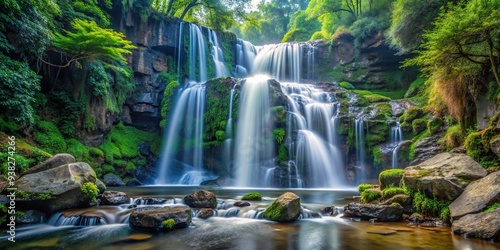 Majestic waterfall cascading down rocks in a hidden forest, showcasing the power and tranquility of nature, majestic, rocks, cascade, lush, natural beauty, tranquility, forest