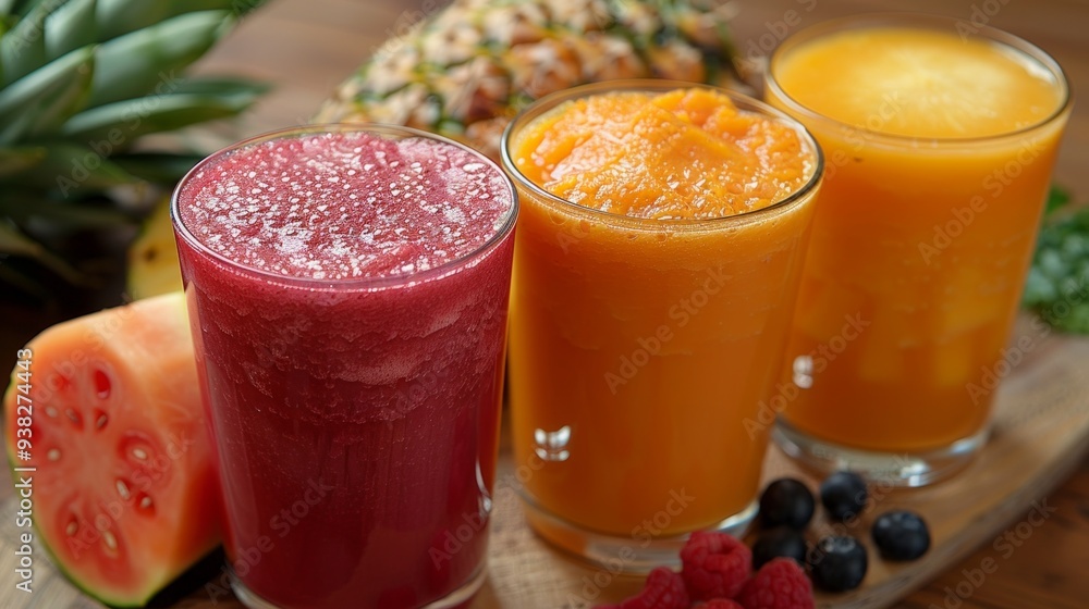 Colorful bottles of fruit juices surrounded by fresh produce on pastel background Colorful bottles of fruit juices surrounded by fresh produce on pastel background