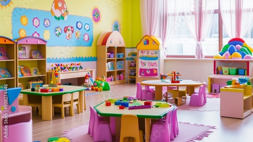 A cheerful kindergarten classroom filled with colorful drawings on the walls, small desks arranged in a semi-circle, and children engaging in a creative activity like painting or building with blocks 
