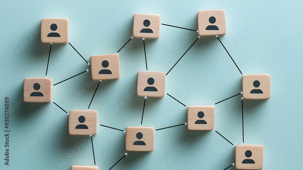 Wooden blocks with people icons connected by black lines on a pale blue background Wooden blocks with people icons connected by black lines on a pale blue background