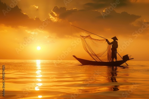 Photo of a Fisherman In A Small Boat At Sunset With A Fishing Net