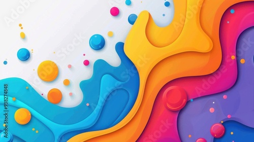 A colorful abstract composition featuring flowing waves and circles in vibrant blue, yellow, and magenta hues.