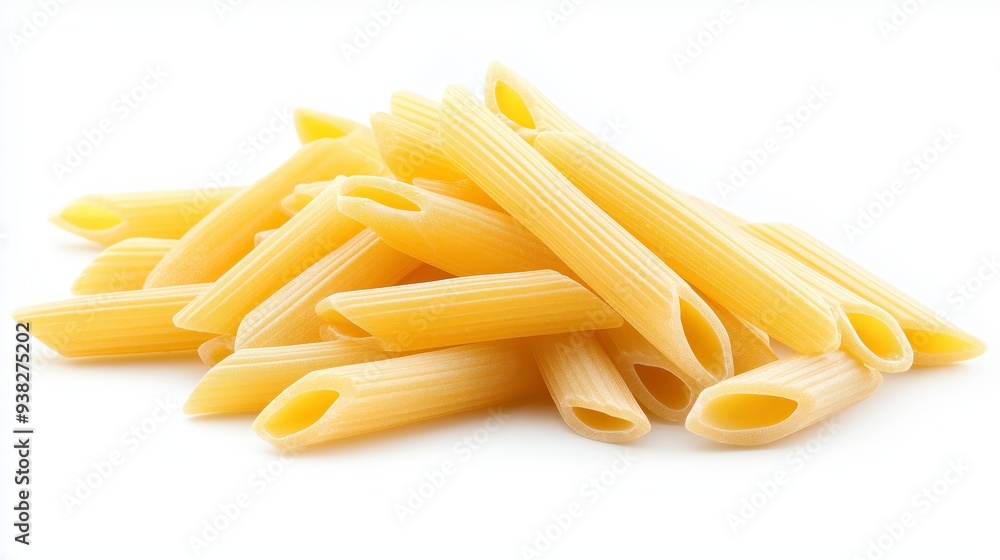 A pile of penne pasta isolated on a white background. A pile of penne pasta isolated on a white background.