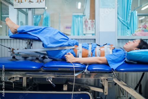 Patient lying on a Mechanical traction bed, decompression of the tension on the spine, taking pressure off the joints and discs of the spain giving pain relief. Physical therapy healthcare technology.