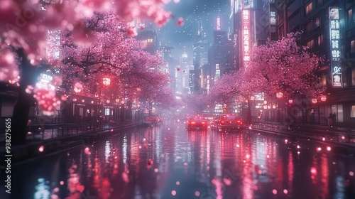 dreamy anime cityscape neonlit skyscrapers floating cherry blossoms retrofuturistic vehicles starry purple sky lofi aesthetic mangainspired details