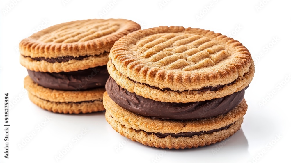 Two chocolate-filled sandwich cookies on a white background. Two chocolate-filled sandwich cookies on a white background.
