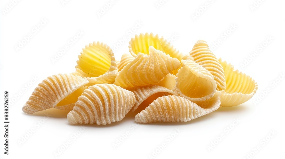 A small pile of uncooked pasta shells isolated on a white background. A small pile of uncooked pasta shells isolated on a white background.
