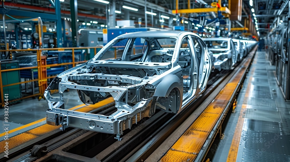 Multiple car frames are aligned on an assembly line in a spacious, technologically equipped factory, symbolizing the organized and systematic process of vehicle production. Multiple car frames are aligned on an assembly line in a spacious, technologically equipped factory, symbolizing the organized and systematic process of vehicle production.