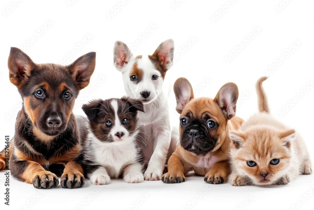 Group of puppies and kittens sitting together, showing friendship and playfulness Group of puppies and kittens sitting together, showing friendship and playfulness