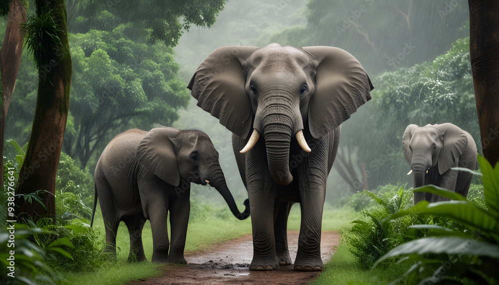 Obraz premium Elephants Interacting in a Rainforest, Elephants In The Zoo Generative Ai