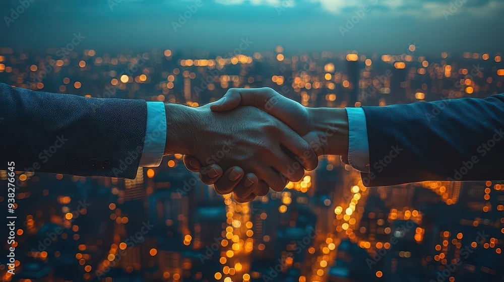 Fototapeta premium dynamic business handshake between diverse professionals in sleek office setting conveying trust cooperation and successful partnership against cityscape backdrop