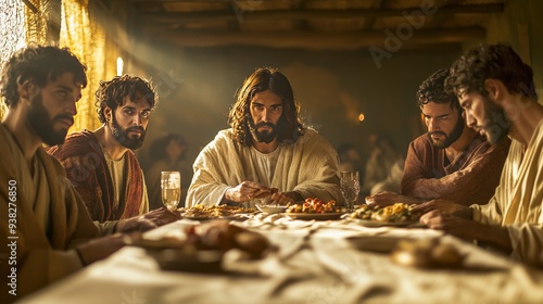 A modern reinterpretation of The Last Supper, featuring a table with symbolic foods and drinks. Jesus and his disciples are depicted in contemporary or traditional attire photo