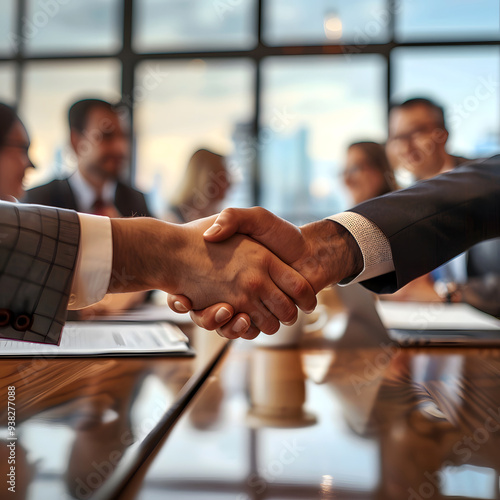 Close-up of Business Partners Shaking Hands in a Successful Meeting in an Office on a Table, No Peoples Faces Shown. Inside a Building of a New City or Town