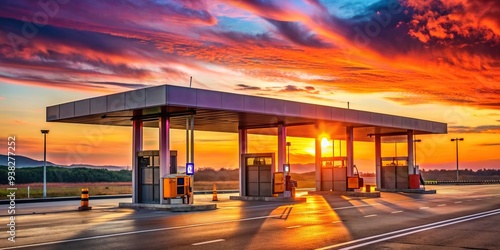 Empty highway toll booth at sunrise with orange and pink sky in background, sunrise, vehicle entrance, empty, deserted, pink sky, car payment, toll way, entrance gate, highway toll photo