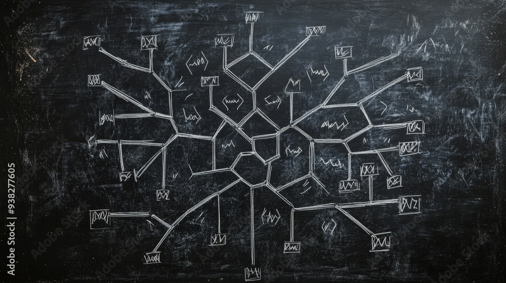Chaotic Organizational Decision Tree on Chalkboard Chaotic Organizational Decision Tree on Chalkboard