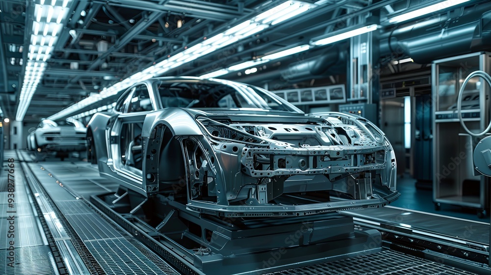 The image shows a car chassis on an advanced assembly line in a high-tech factory environment, emphasizing the precision and technology involved in the automotive production. The image shows a car chassis on an advanced assembly line in a high-tech factory environment, emphasizing the precision and technology involved in the automotive production.