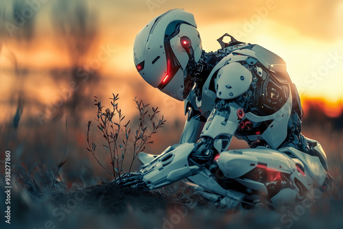 Advanced robot planting a tree in a quiet field photo