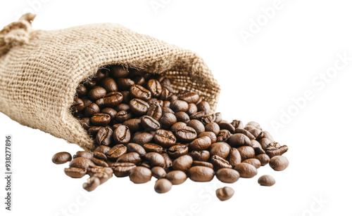 Brown burlap bag spilling coffee beans, perfect for coffee shops, cafes, or any business related to coffee production or sales.