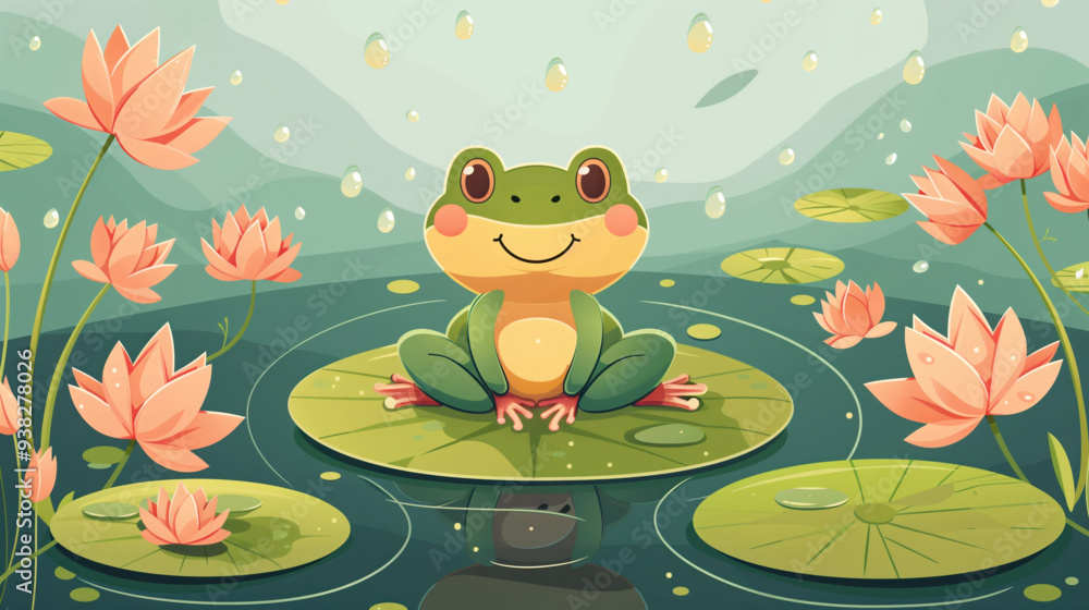 Obraz premium Cheerful Frog Relaxing on a Lily Pad Amidst Blooming Lotuses
