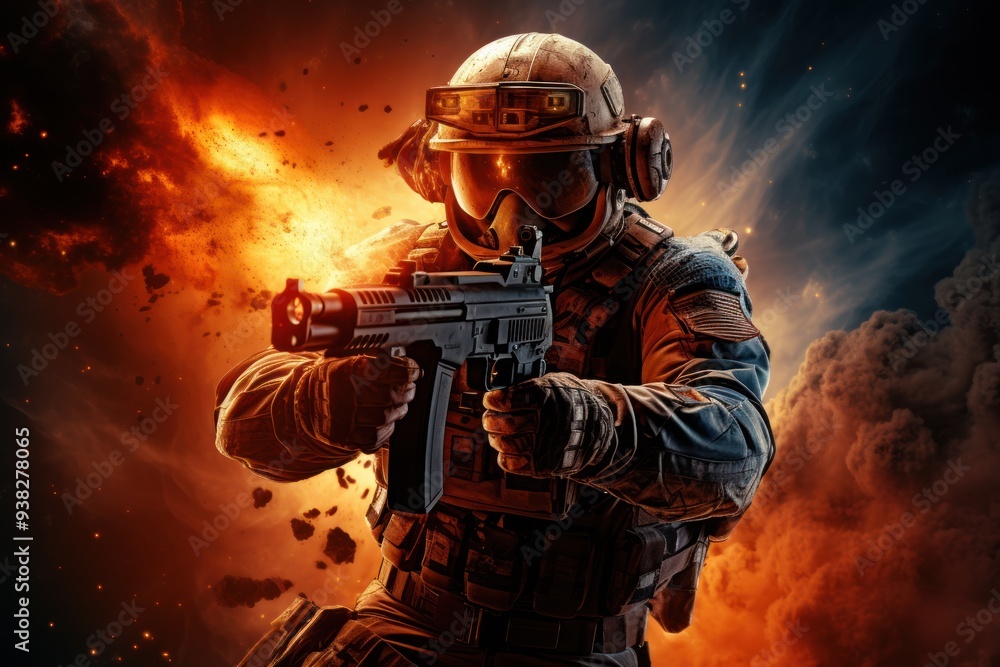 A soldier wearing a helmet and protective gear aims a gun in front of a fiery explosion. A soldier wearing a helmet and protective gear aims a gun in front of a fiery explosion.