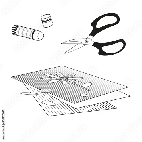 applique flower on sheet, scissors and glue