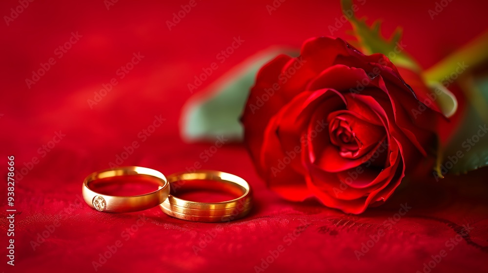 Two gold rings paired with a red rose on a red background, creating a romantic and luxurious composition for a wedding day or special occasion Two gold rings paired with a red rose on a red background, creating a romantic and luxurious composition for a wedding day or special occasion