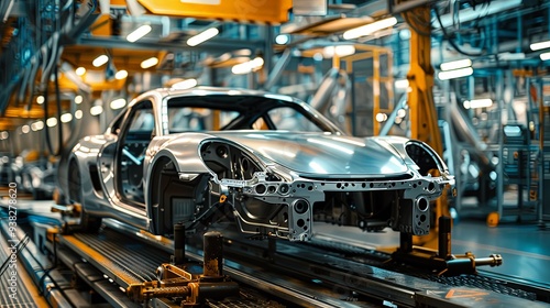 A partially assembled sports car chassis on a high-tech and modern automotive assembly line, emphasizing the precision and technology employed in vehicle manufacturing.