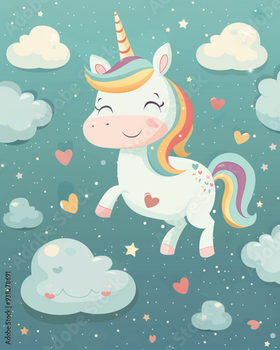 Adorable Unicorn Galloping in the Clouds with Sparkling Stars