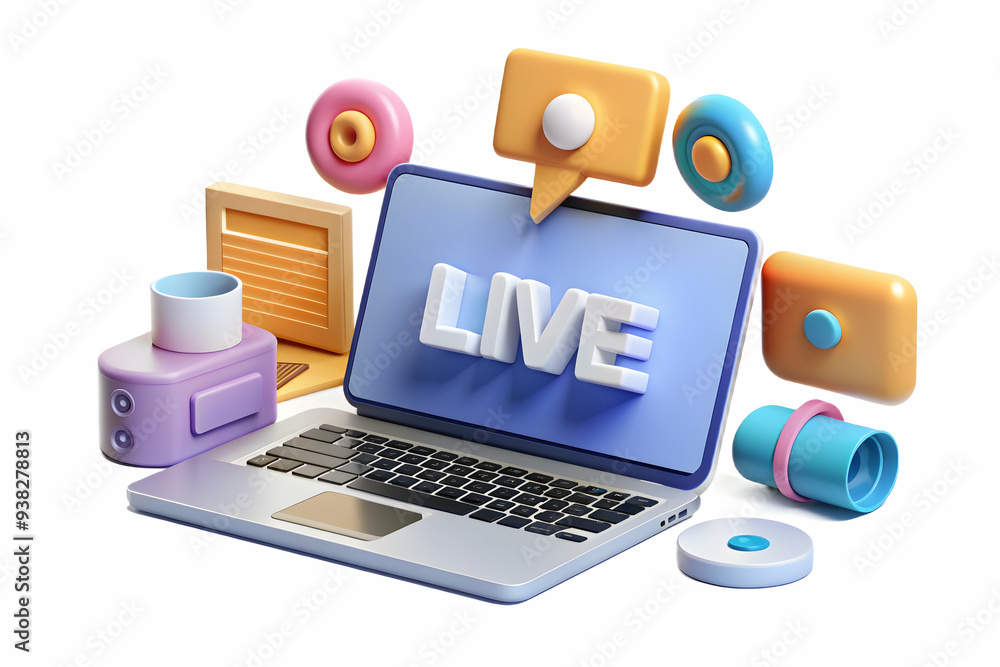 Professional laptop and webcam icons with live video text isolated on white background. Ideal for virtual meetings. Minimalist scene with focus on tools for live video communication in a virtual setti Professional laptop and webcam icons with live video text isolated on white background. Ideal for virtual meetings. Minimalist scene with focus on tools for live video communication in a virtual setti