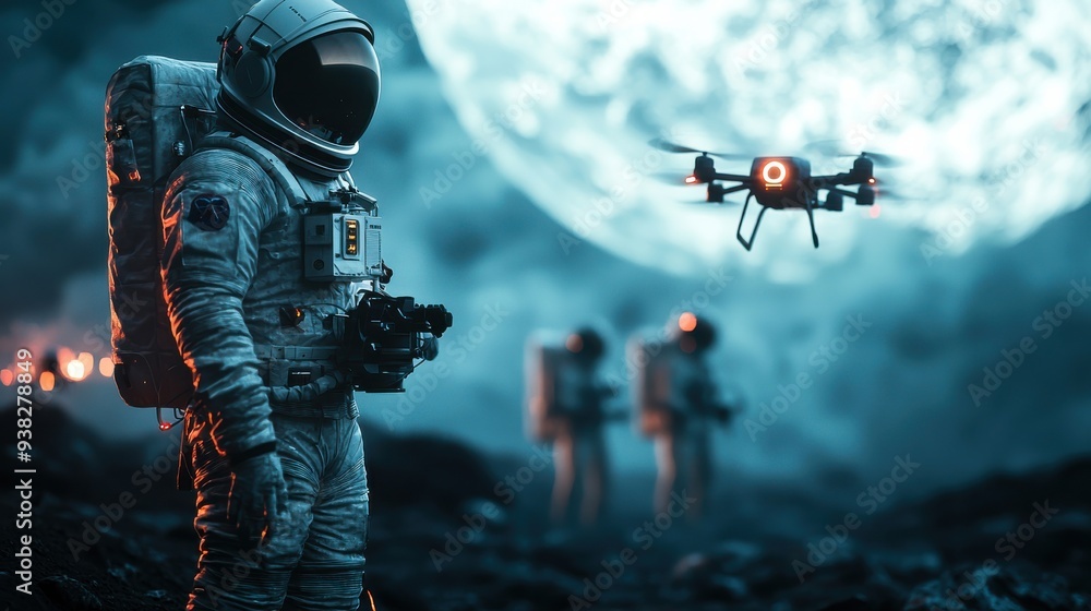 Fototapeta premium A team of astronauts uses AI-driven drones to explore a new planet. The drones project holographic data about the planet’s atmosphere, terrain, and potential resources
