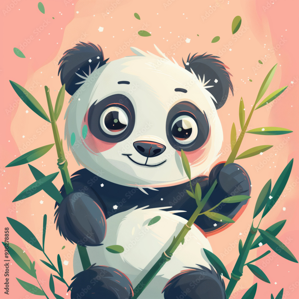 Charming Panda Clinging to Bamboo Stalks in a Pastel Setting Charming Panda Clinging to Bamboo Stalks in a Pastel Setting