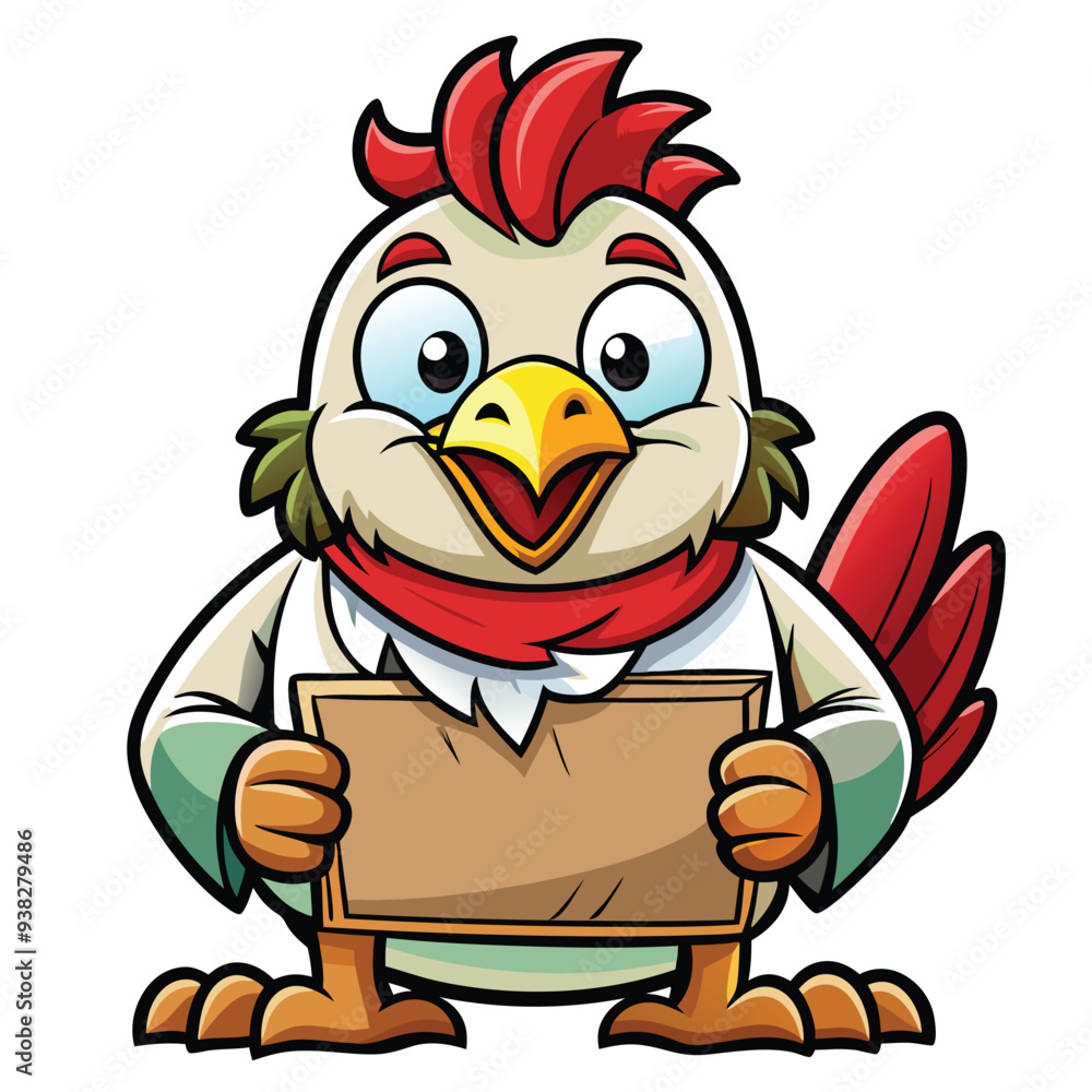 Obraz premium A whimsical cartoon depiction of a chicken proudly holding a sign.