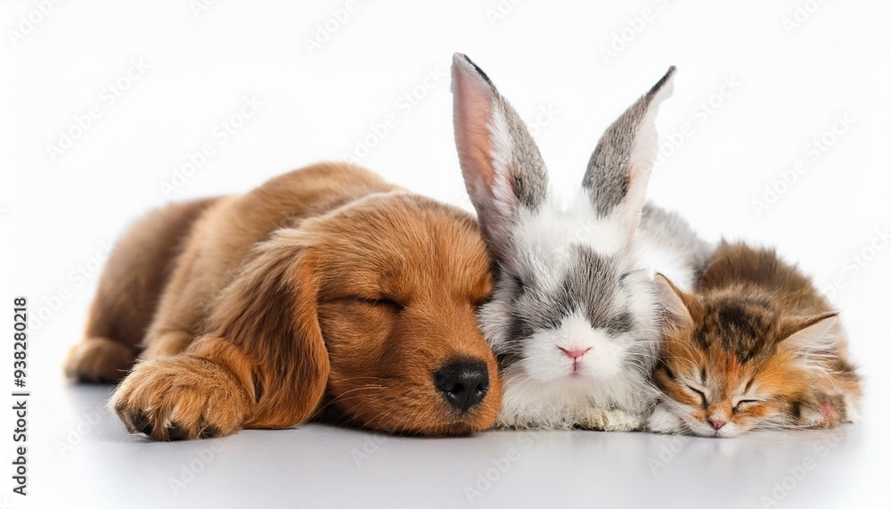 Obraz premium 仲良く一緒に寝ている子犬と猫とうさぎ（Puppy and cat and rabbit sleeping together） 