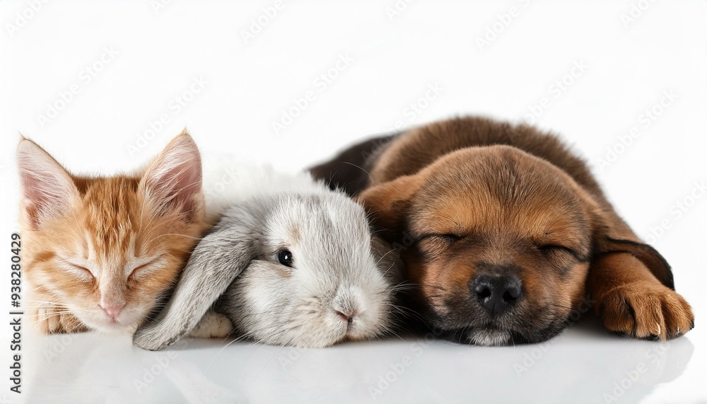 Fototapeta premium 仲良く一緒に寝ている子犬と猫とうさぎ（Puppy and cat and rabbit sleeping together） 