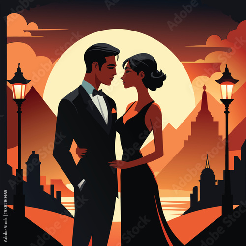 Couple At Night Vectors, Valentine's Day background of silhouette couples love scenario