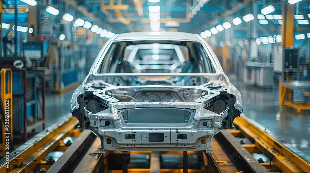 A car chassis is prominently displayed on the assembly line within a brightly illuminated factory, showcasing the key aspects of automotive manufacturing and the use of advanced machinery. A car chassis is prominently displayed on the assembly line within a brightly illuminated factory, showcasing the key aspects of automotive manufacturing and the use of advanced machinery.