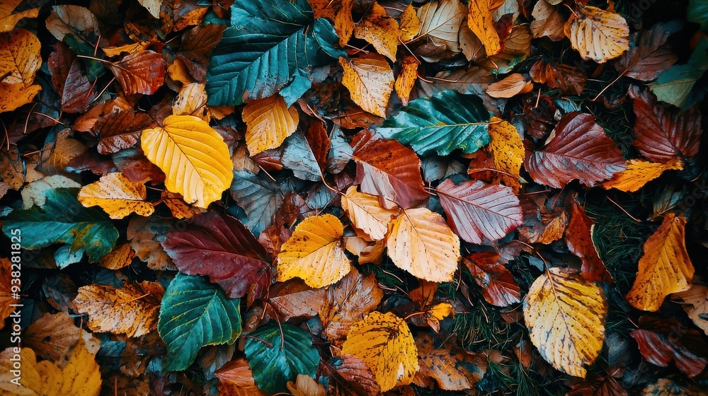 A top view of a forest floor covered in autumn leaves, blending bright colors and earthy tones. The scene beautifully captures the vibrant essence of the fall season. A top view of a forest floor covered in autumn leaves, blending bright colors and earthy tones. The scene beautifully captures the vibrant essence of the fall season.