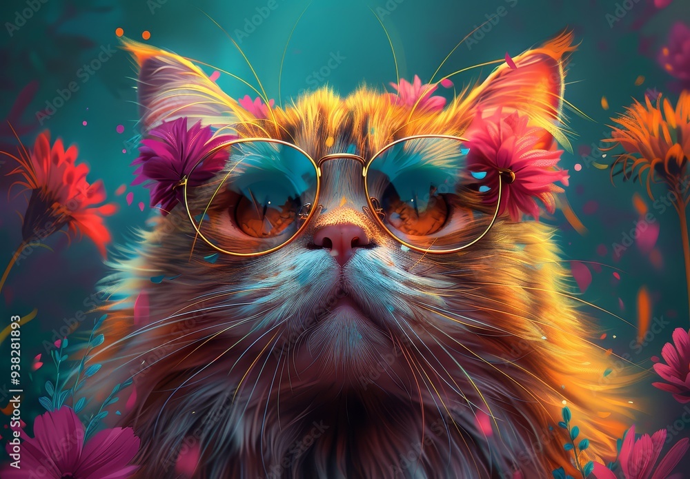 colorful cat with glasses and flowers in hair, colorful background colorful cat with glasses and flowers in hair, colorful background