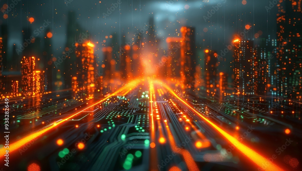Fototapeta premium Digital technology background with glowing circuit board lines and light effects