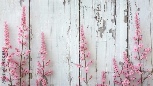 Flowers Composition for Celebration with Pink Plants on Old White Wooden Background. AI generated illustration photo