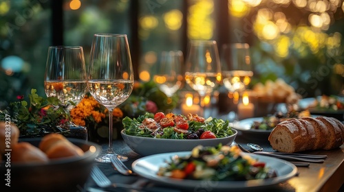 elegant dinner table adorned with gourmet dishes crystal wine glasses catching the warm candlelight fresh salad bowl and artisanal bread completing the inviting scene