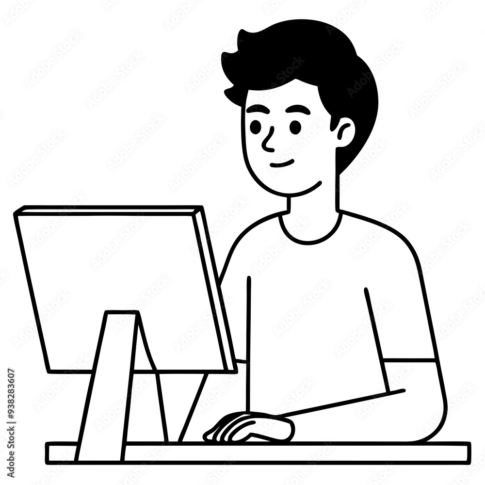 Young Man at Desktop Computer art vector illustration Young Man at Desktop Computer art vector illustration