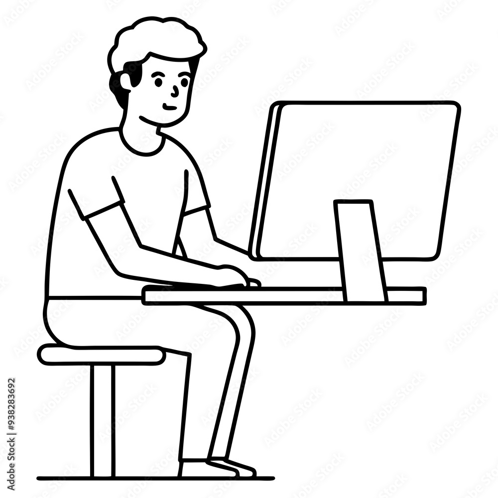 Young Man at Desktop Computer art vector illustration Young Man at Desktop Computer art vector illustration