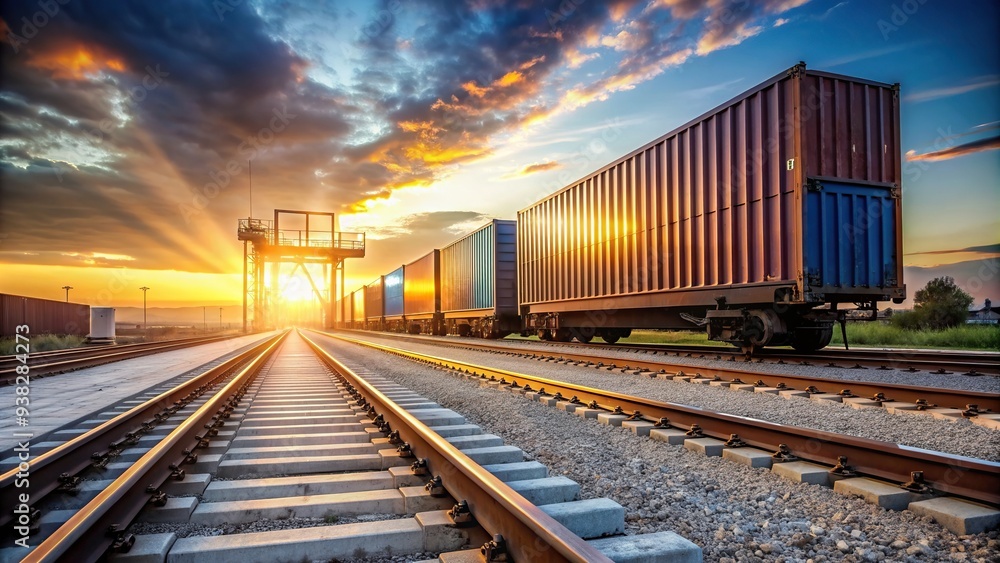 supply chain, logistics, transportation industry, transportation hub, rail, scenic, silhouette, sunset, distribution center, Cargo train platform at sunset with container Low Angle supply chain, logistics, transportation industry, transportation hub, rail, scenic, silhouette, sunset, distribution center, Cargo train platform at sunset with container Low Angle
