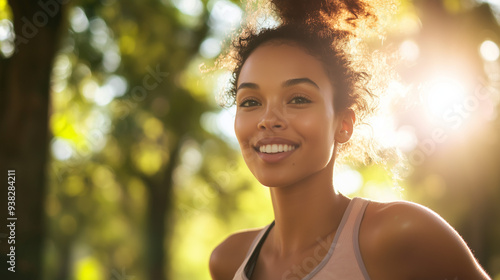 Close-up view of a woman running through the park and smiling.