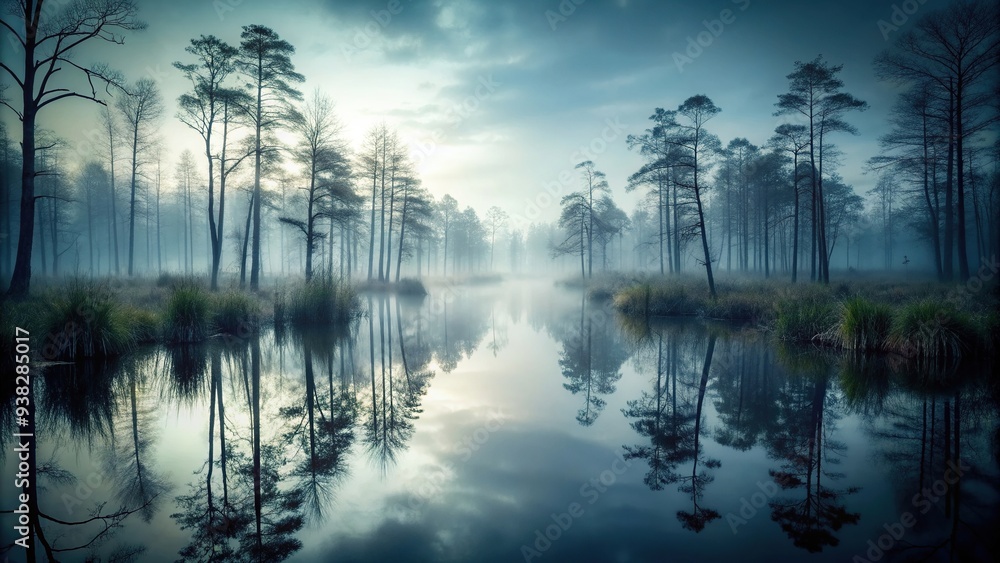 Fototapeta premium Dark and mysterious symmetrical foggy swamp, reflection, symmetry, eerie, wetland, atmospheric, creepy, swamp,fog, trees, landscape, dark, tranquil, mysterious, environment, misty, murky