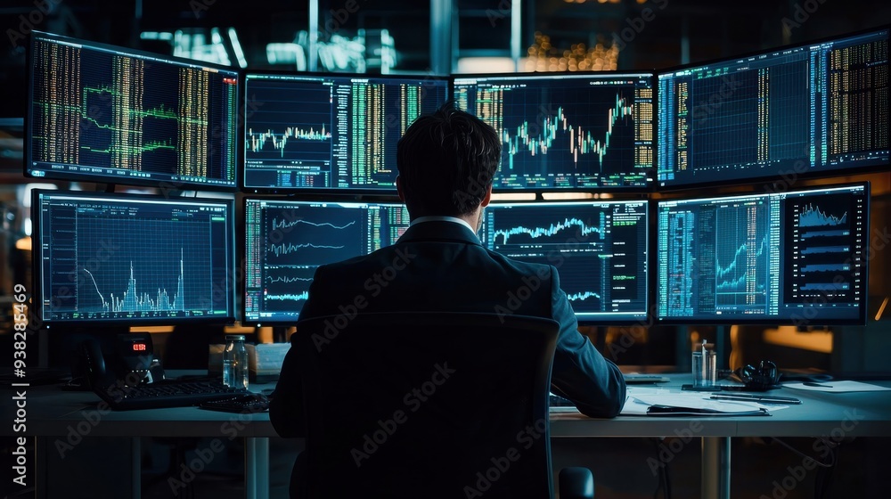 A trader in a financial company uses AI-driven software to optimize investment portfolios. Real-time data streams and predictive models are displayed on a multi-screen setup A trader in a financial company uses AI-driven software to optimize investment portfolios. Real-time data streams and predictive models are displayed on a multi-screen setup